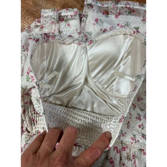 Strapless Floral Lace Midi Dress Womens S/M Smocked Bodice Cottagecore Fairy - Picture 4 of 13